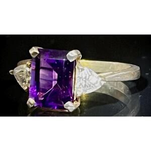 Handmade Sterling Silver Amethyst Ring –  Moissanite Accents,7